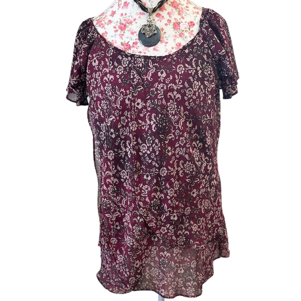 Roz & Ali Burgundy Floral Ruffle Blouse